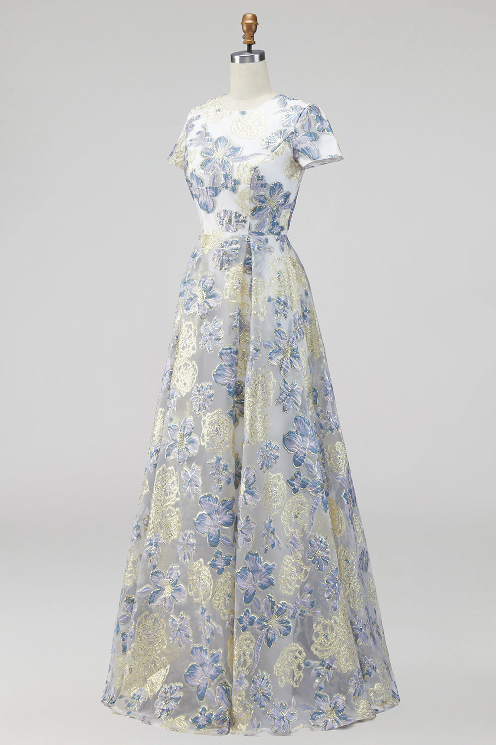 Dusty Blue Jacquard Round Neck Floral Long Mother Of the Bride Dress with Short Sleeves