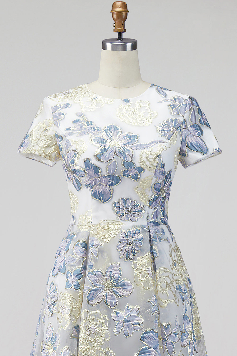 Dusty Blue Jacquard Round Neck Floral Long Mother Of the Bride Dress with Short Sleeves