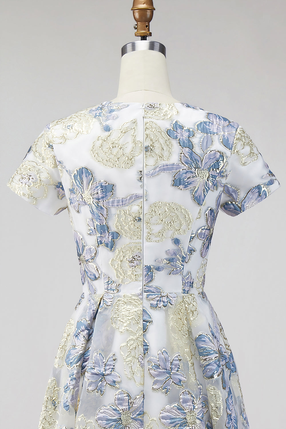 Dusty Blue Jacquard Round Neck Floral Long Mother Of the Bride Dress with Short Sleeves