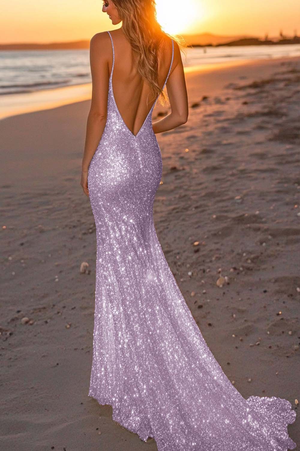 Robe de soirée longue sirène dos nu argentée scintillante