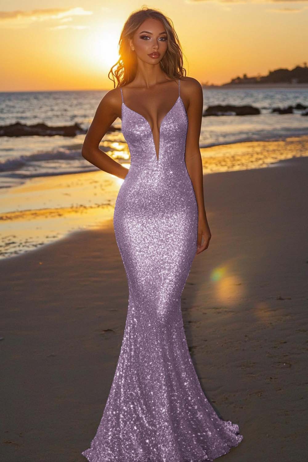 Robe de soirée longue sirène dos nu argentée scintillante