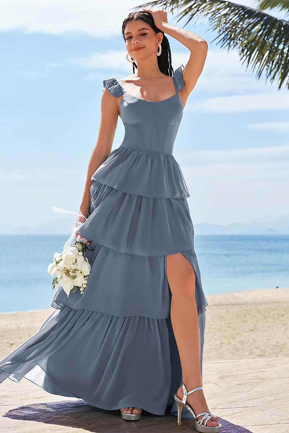 Robe de demoiselle d'honneur longue Eucalyptus avec corset trapèze, volants étagés et fente
