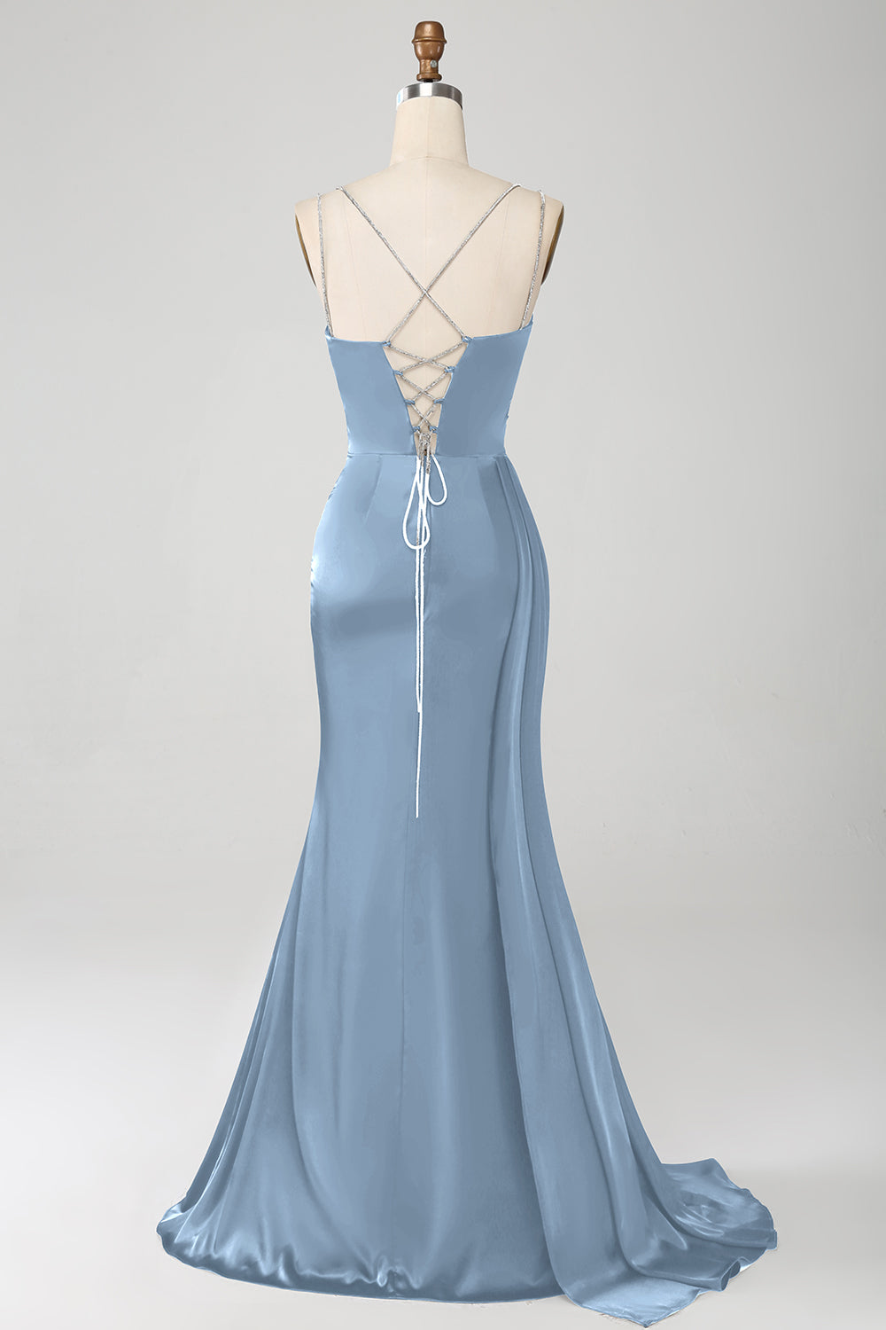 Robe de soirée longue fendue bleu marine en sirène avec bretelles spaghetti et corset plissé