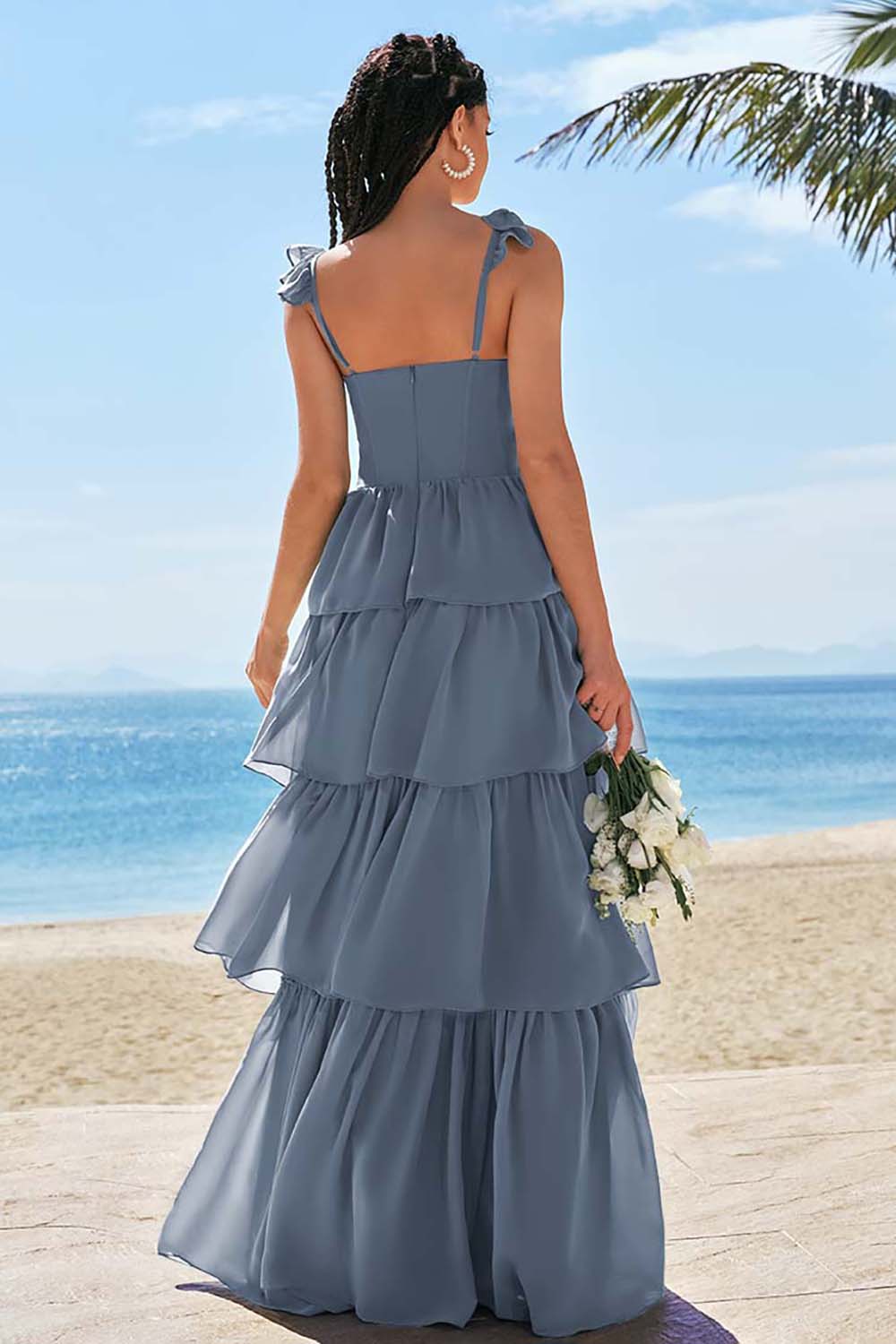 Robe de demoiselle d'honneur longue Eucalyptus avec corset trapèze, volants étagés et fente