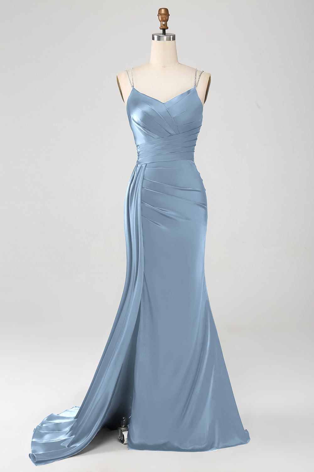 Robe de soirée longue fendue bleu marine en sirène avec bretelles spaghetti et corset plissé