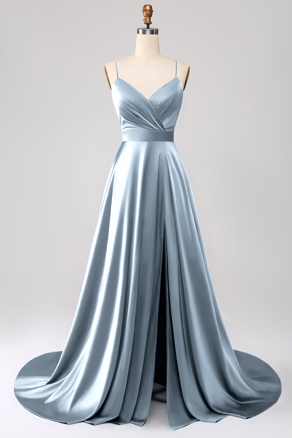Robe de bal bleu roi en satin évasée à fines bretelles avec fente