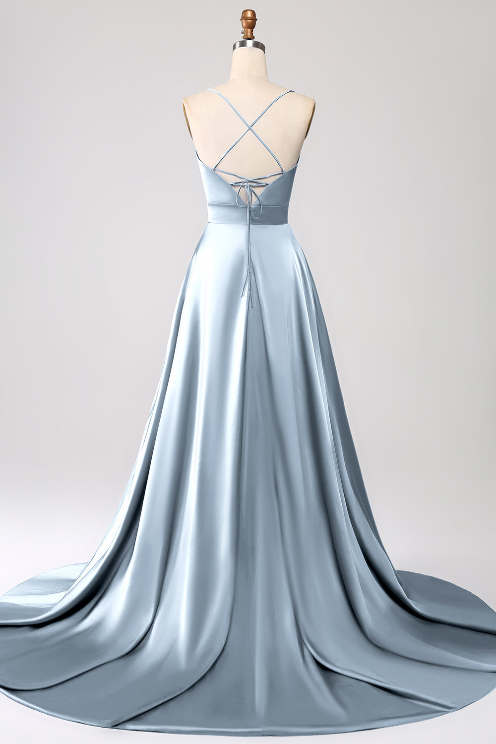 Robe de bal bleu roi en satin évasée à fines bretelles avec fente