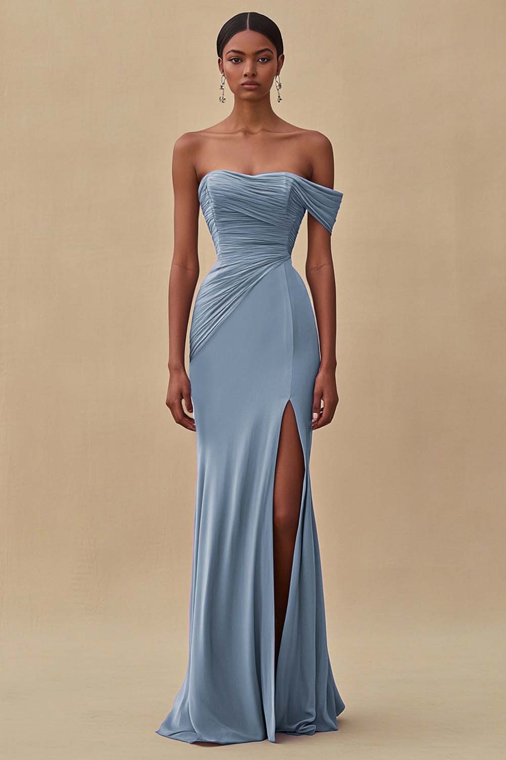 Robe de soirée longue sirène bleu encre à épaules dénudées avec fente