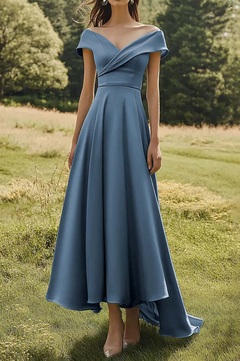 Sage Off-the-Shoulder Slim Formal Dress with Wide Hem