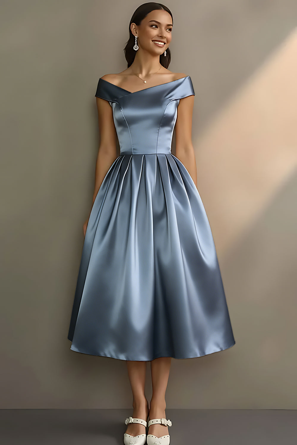 Robe de fiançailles midi trapèze blanche à épaules dénudées