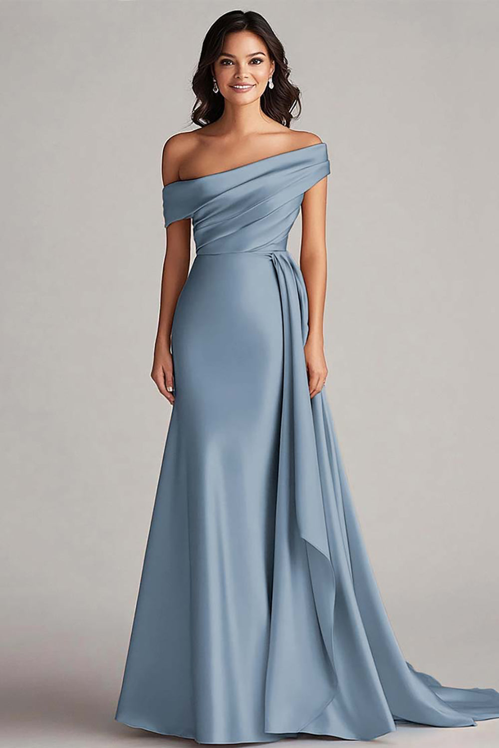 One-Shoulder Pleated Champagne Sheath Long Formal Dress