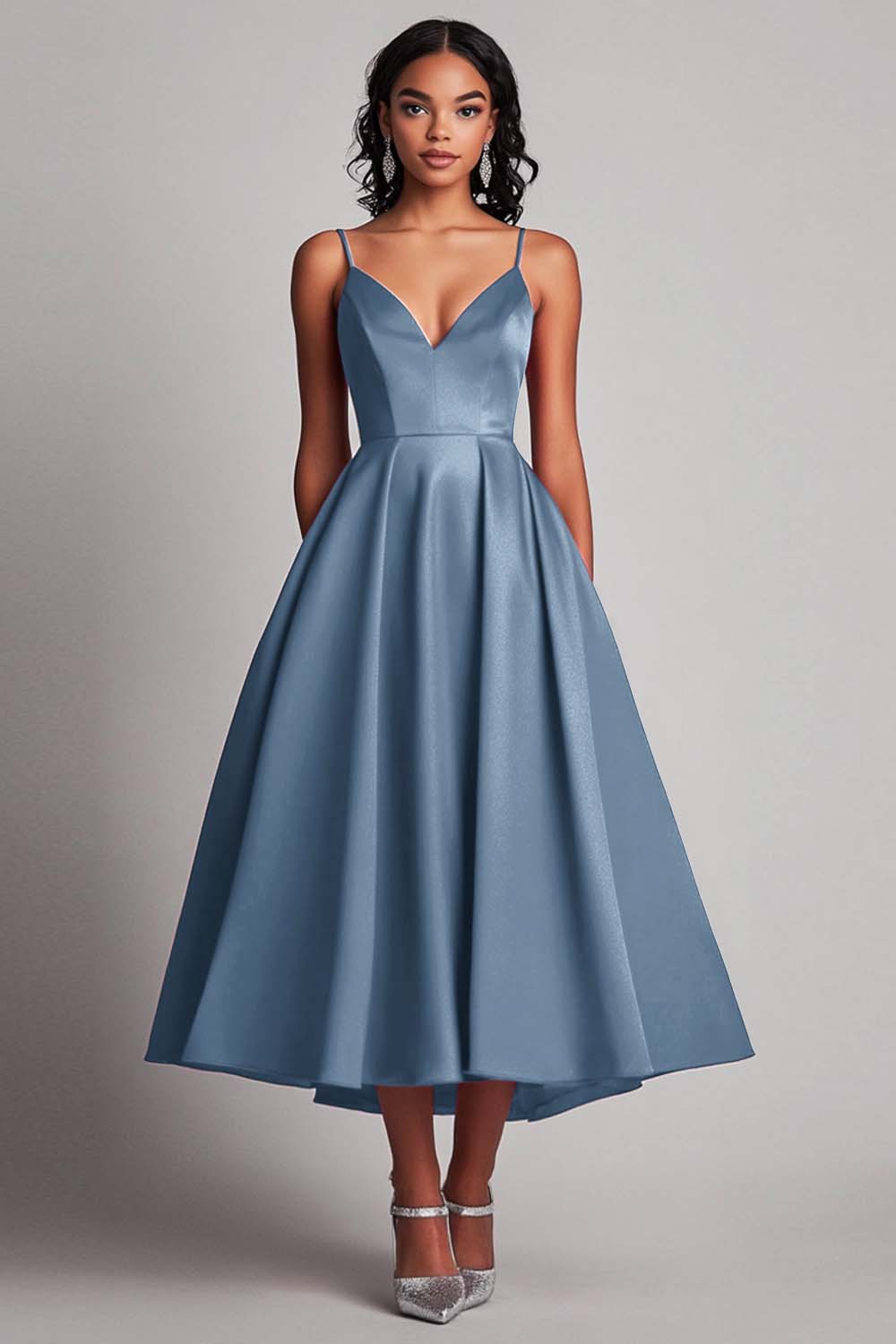 Red Satin A-Line Tea-Length Formal Dress