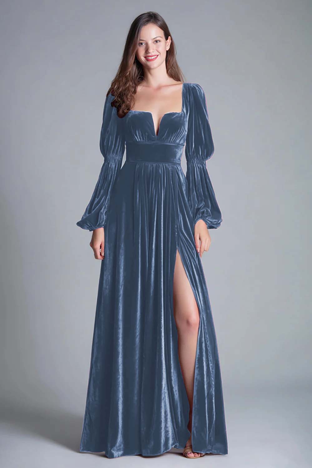 Vestido de noche formal línea A de terciopelo burdeos con cuello cuadrado y abertura