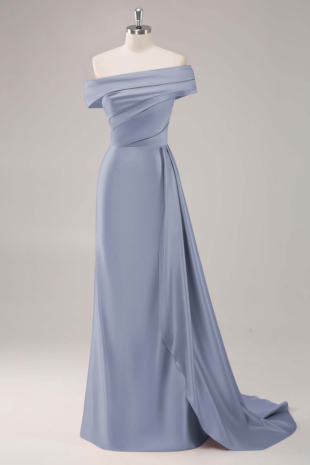 Robe de soirée longue satinée champagne plissée asymétrique