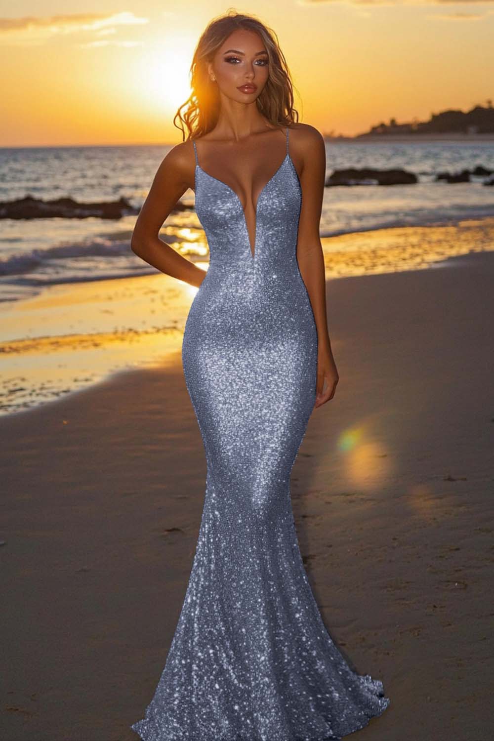 Robe de soirée longue sirène dos nu argentée scintillante