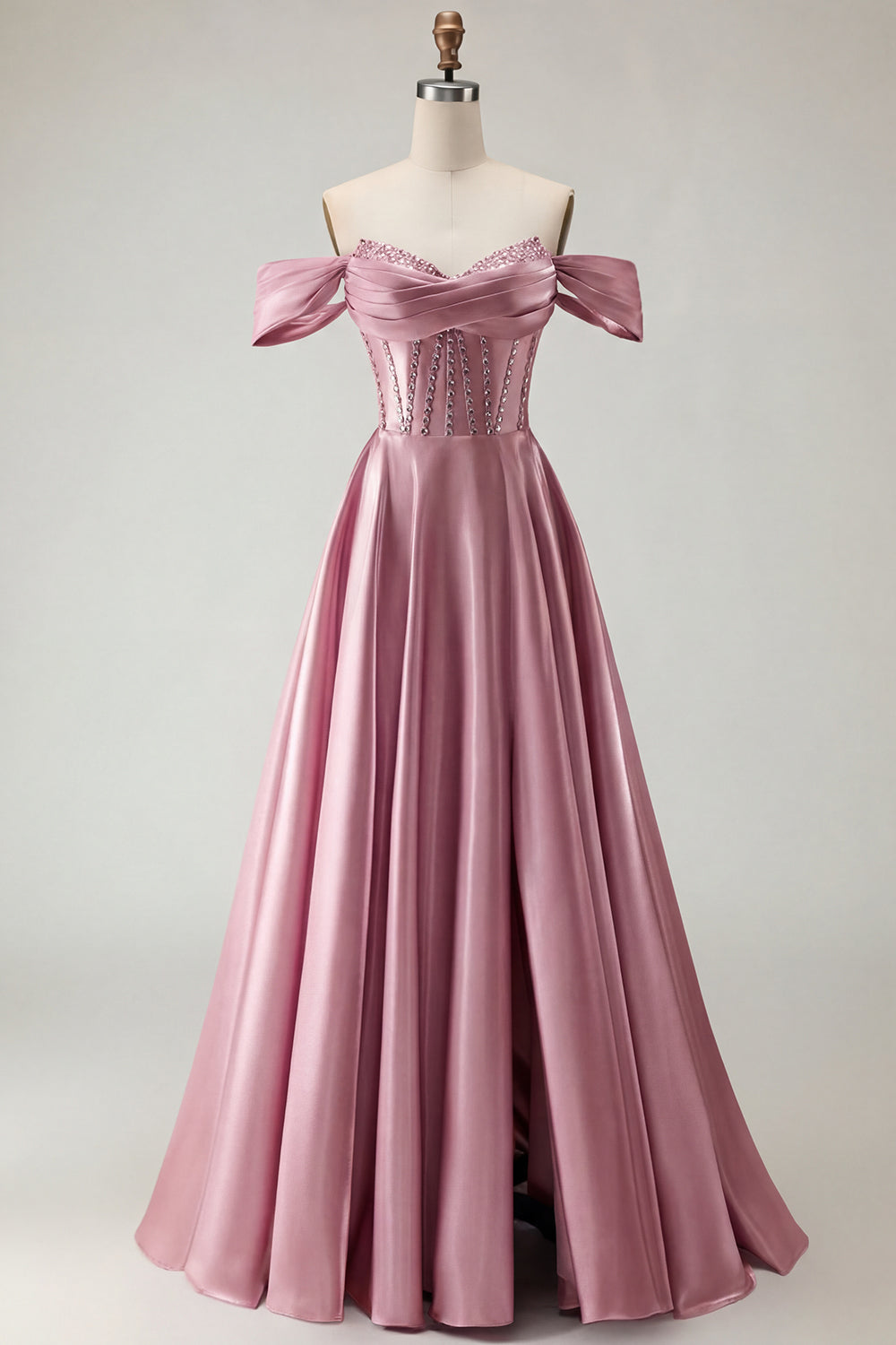 Off The Shoulder Purple A Line Beaded Long Satin Prom Dress with Slit