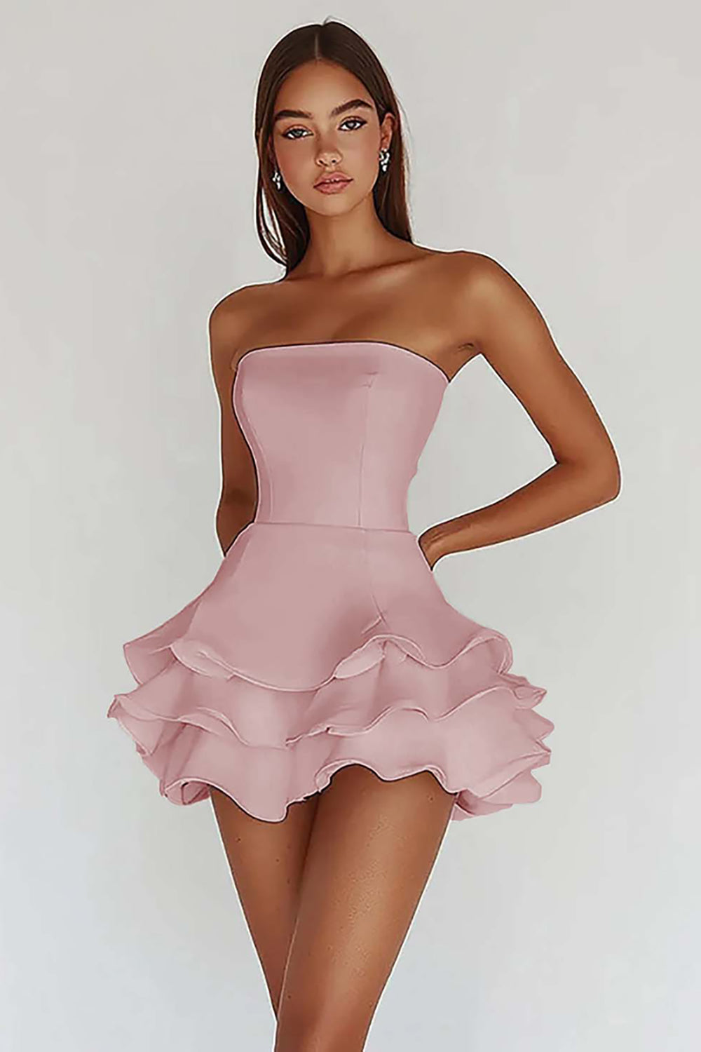 White Strapless A-Line Tiered Matte Satin Graduation Dress