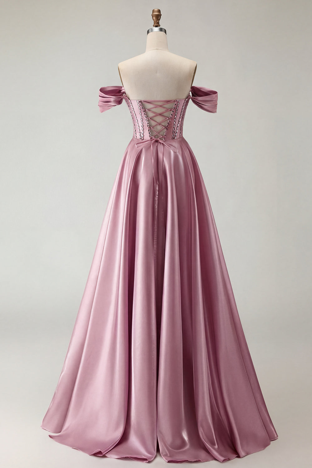 Robe de bal longue en tulle violet avec corset, épaules dénudées, perles, ligne A et fente