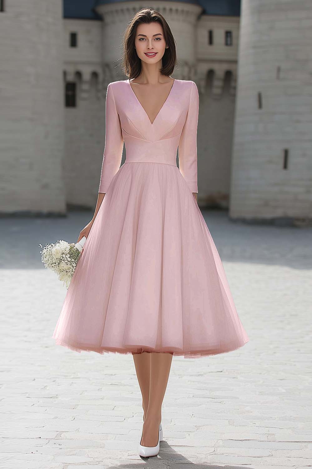 A-Line Ivory V-Neck Midi Engagement Dress