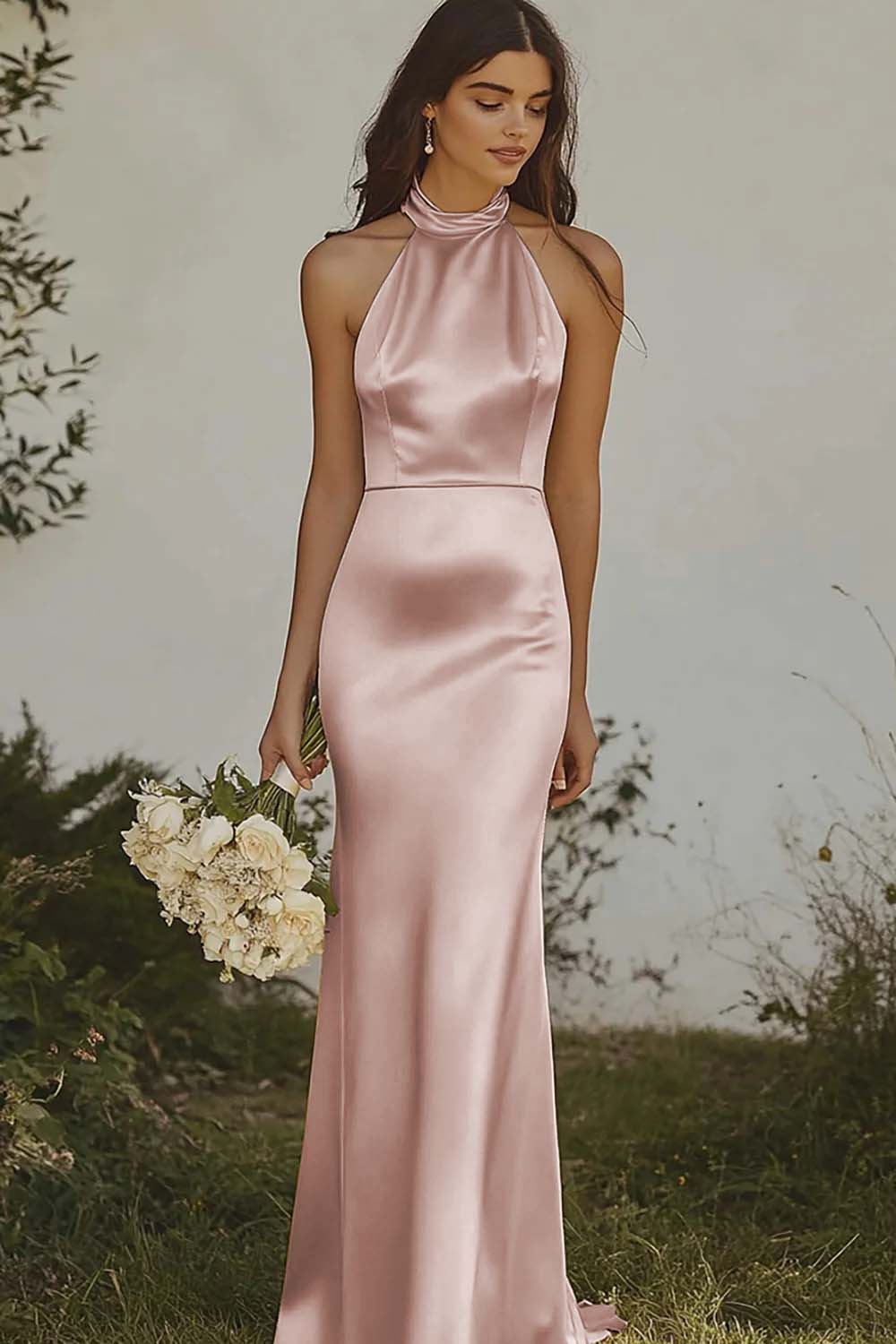 Light Yellow Halter Mermaid Satin Bridesmaid Dress