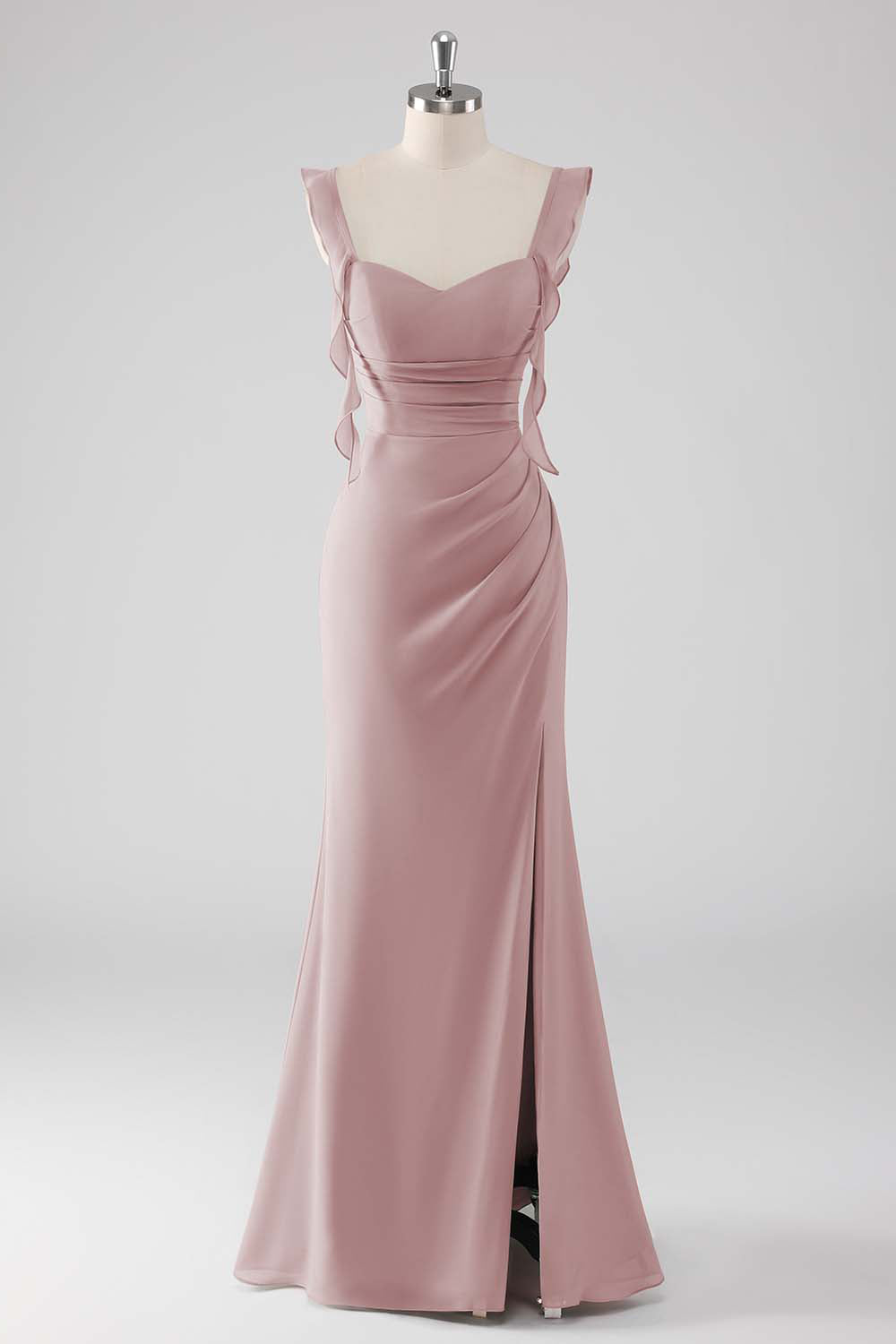 Sage Green Ruffled Sheath Lace-Up Back Long Bridesmaid Dress with Slit