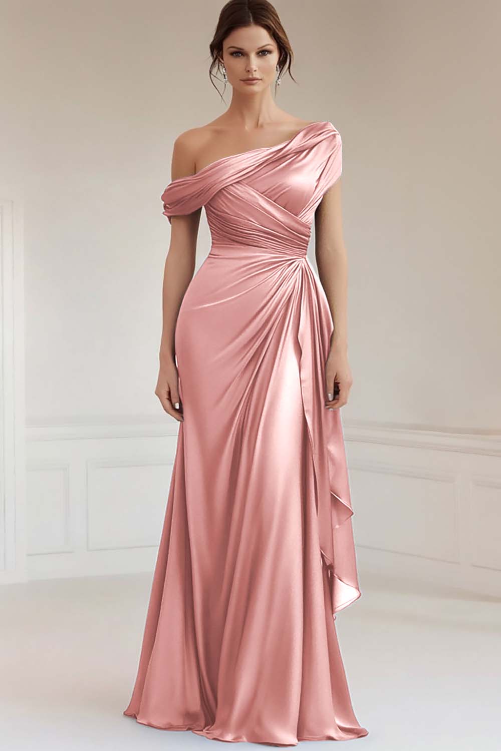 Mermaid Gray Blue One-Shoulder Satin Ruched Mother of the Bride Dress with Ruffles
