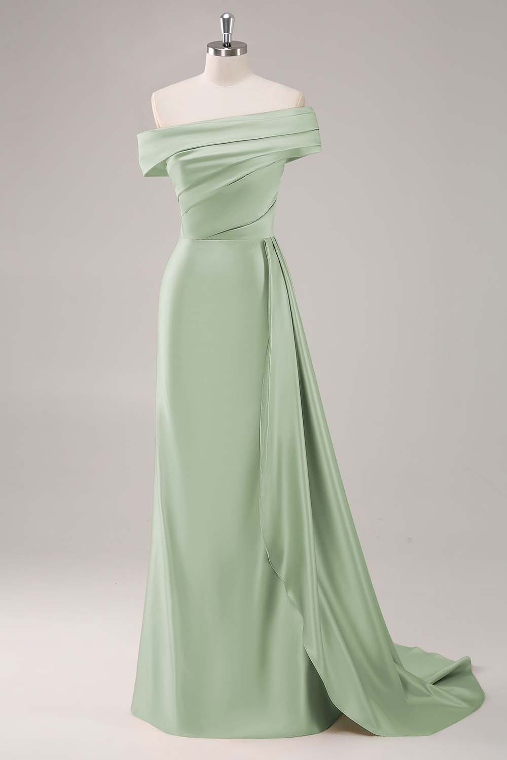 Robe de soirée longue satinée champagne plissée asymétrique