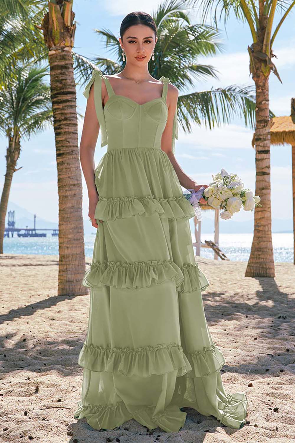 Eucalyptus A-Line Bow Tie Straps Corset Chiffon Long Bridesmaid Dress with Slit