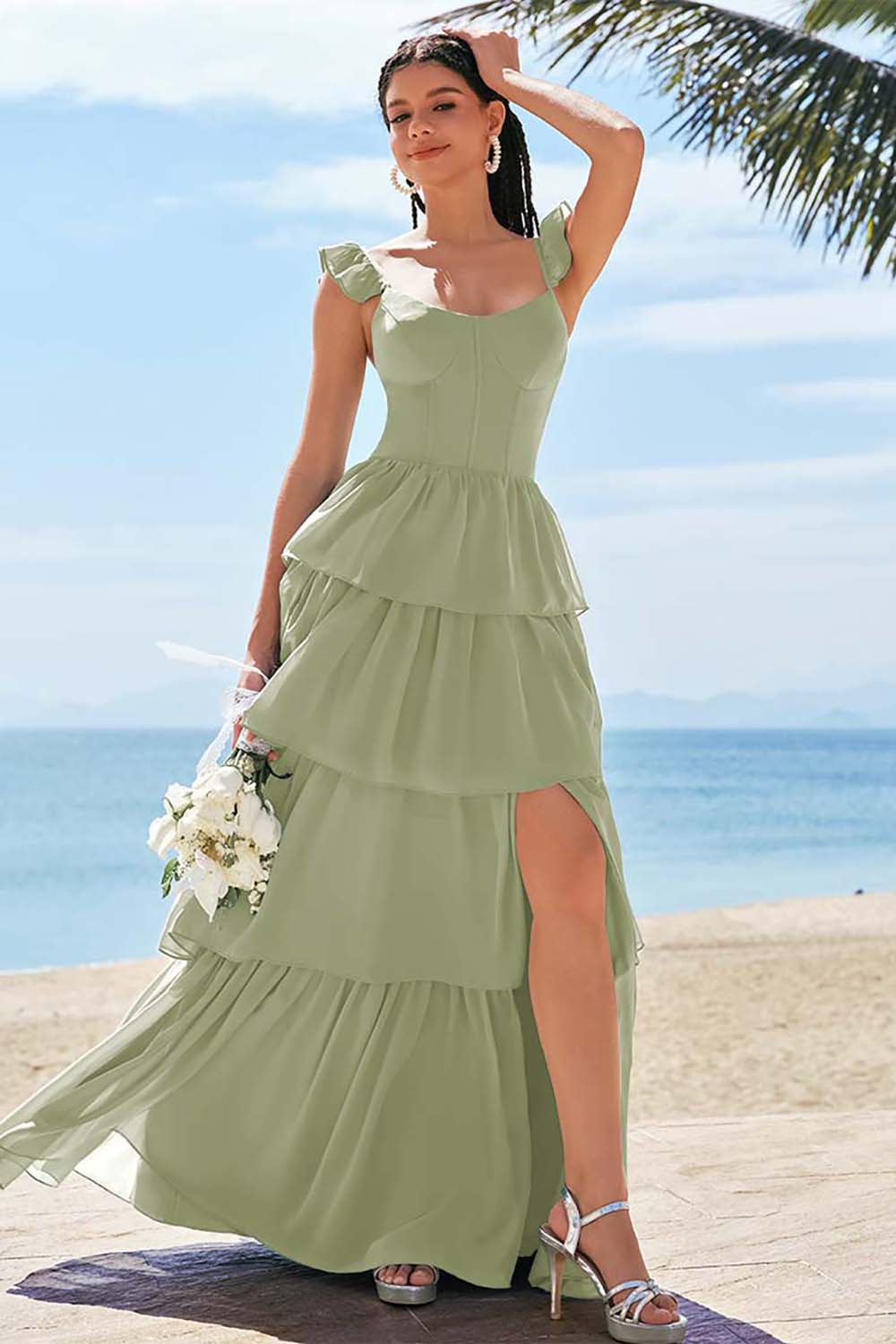 Robe de demoiselle d'honneur longue Eucalyptus avec corset trapèze, volants étagés et fente