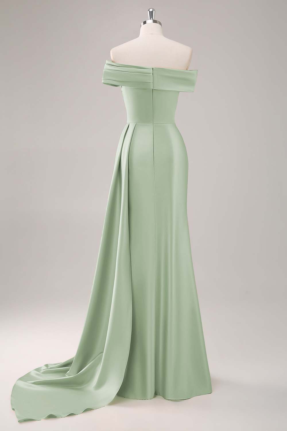 Robe de soirée longue satinée champagne plissée asymétrique
