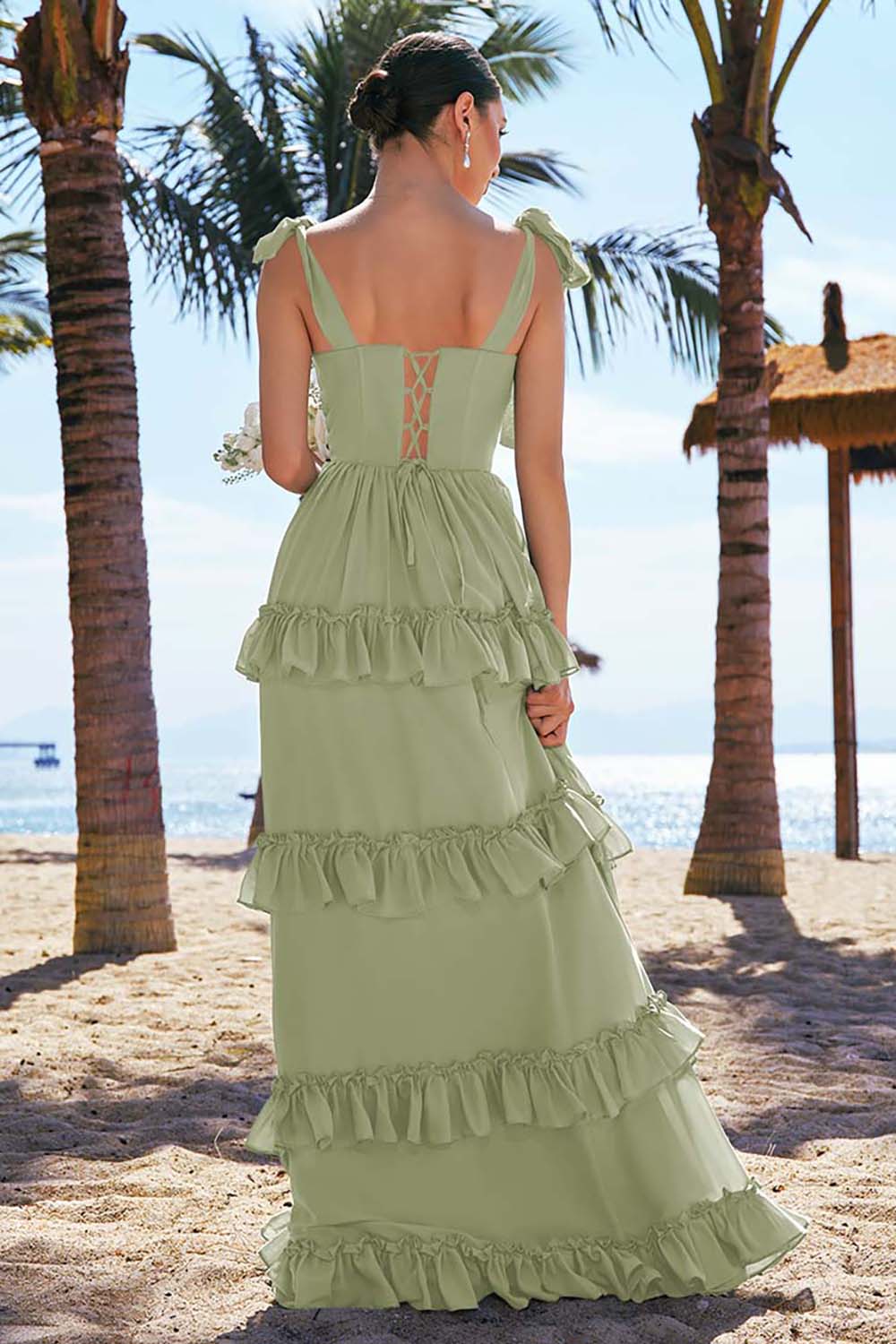Eucalyptus A-Line Bow Tie Straps Corset Chiffon Long Bridesmaid Dress with Slit