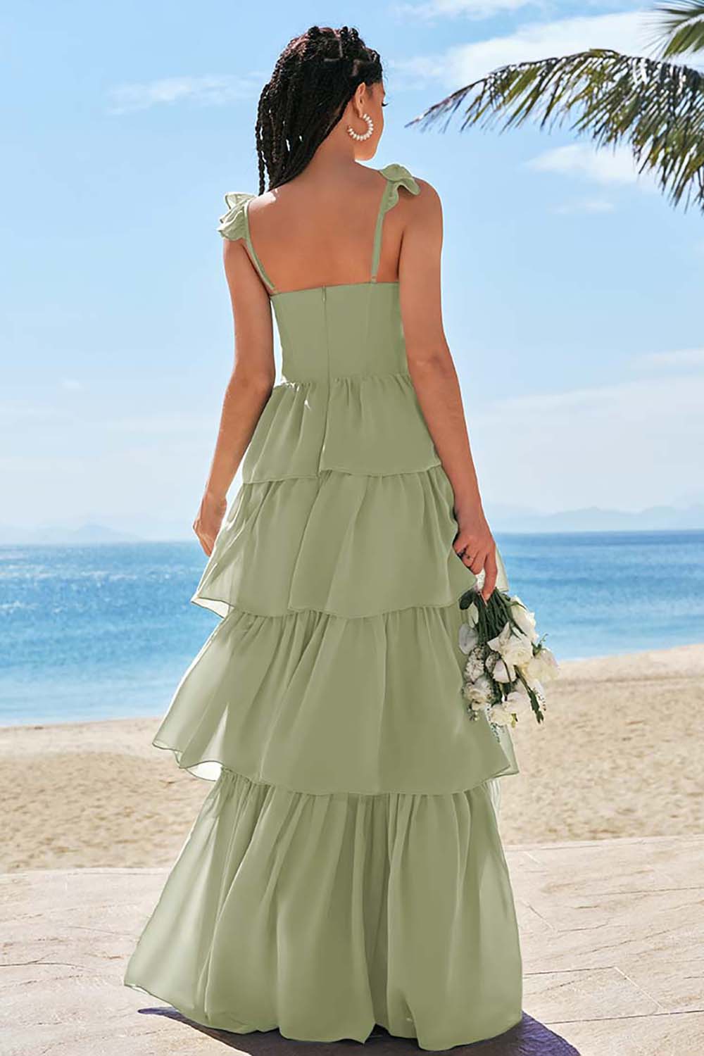 Robe de demoiselle d'honneur longue Eucalyptus avec corset trapèze, volants étagés et fente