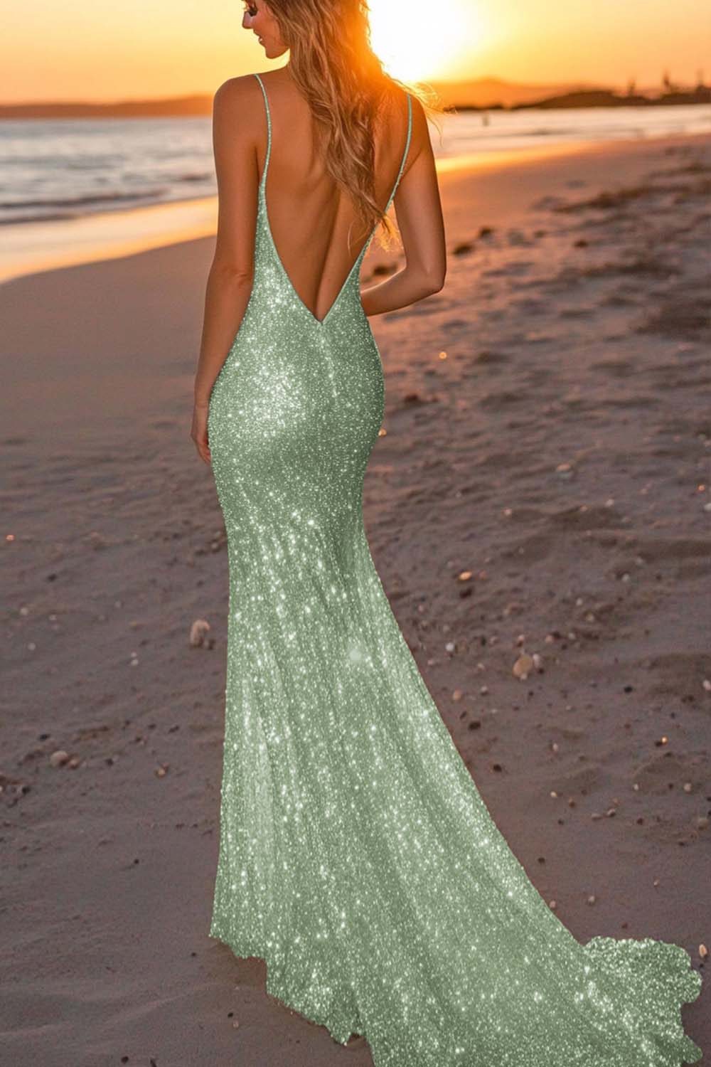 Robe de soirée longue sirène dos nu argentée scintillante