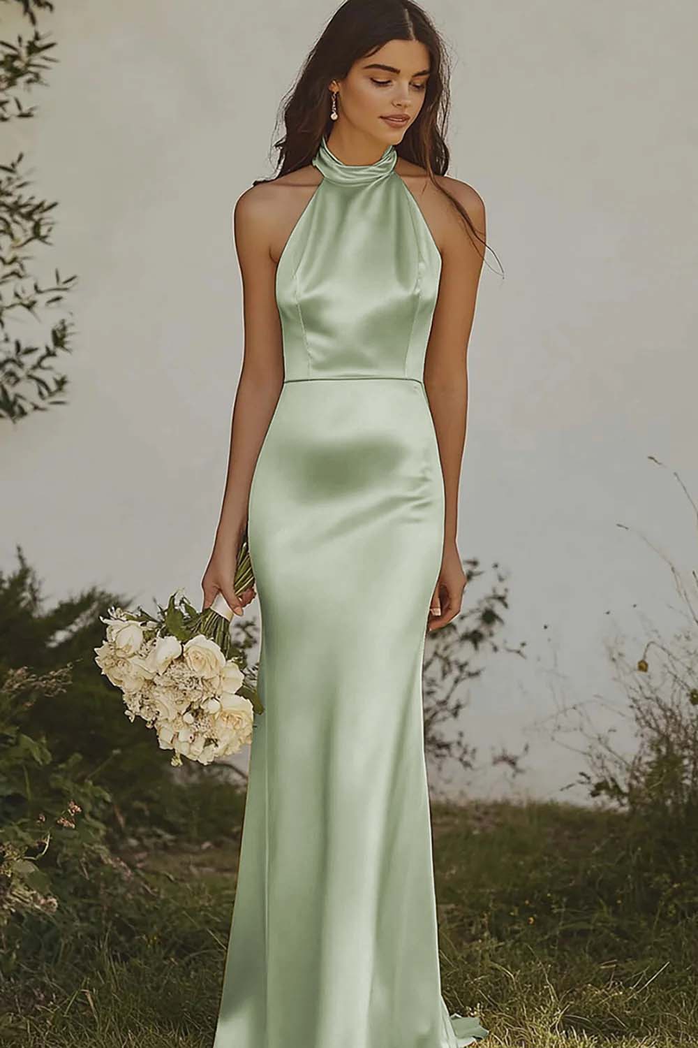 Light Yellow Halter Mermaid Satin Bridesmaid Dress