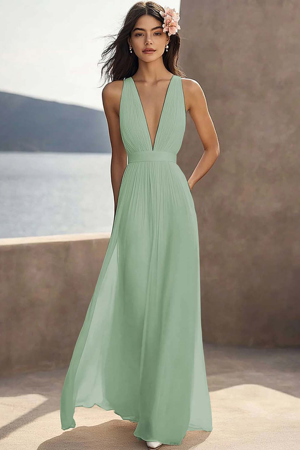 Vestido de compromiso largo de chifón con escote en V pronunciado y frunces color marfil