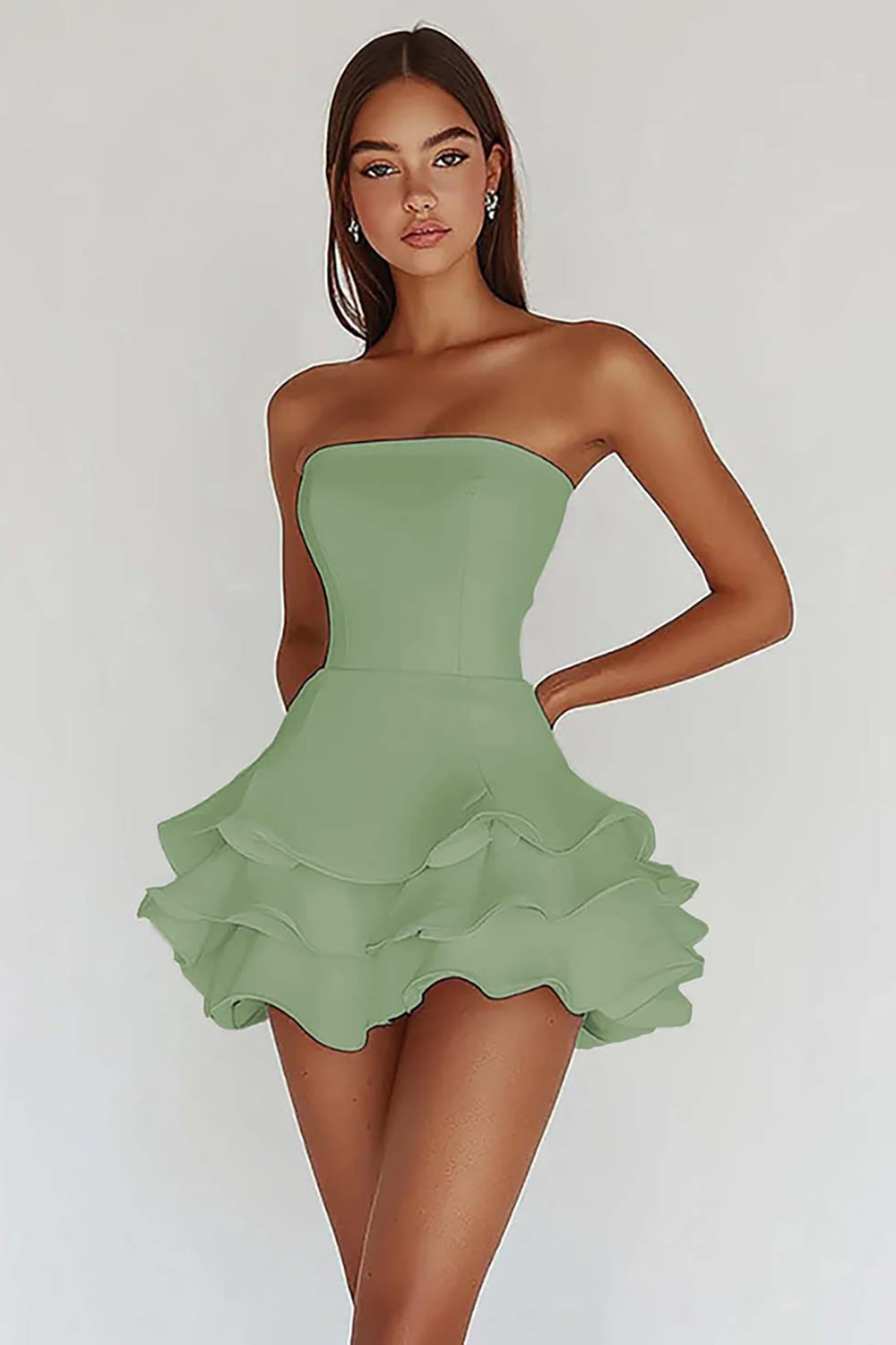 White Strapless A-Line Tiered Matte Satin Graduation Dress