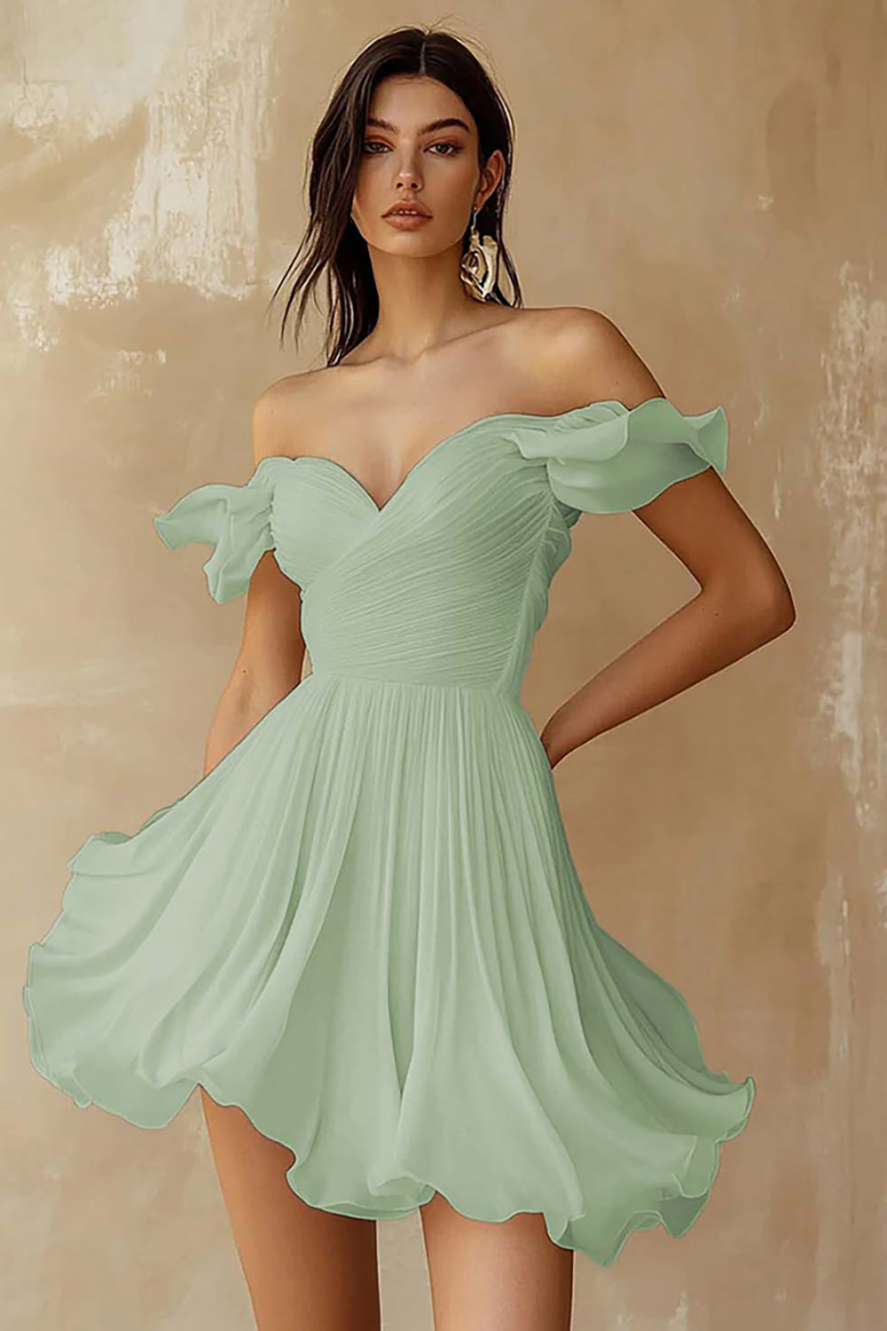 A-Line Ruffled Off-the-Shoulder Pleated White Graduation Dress