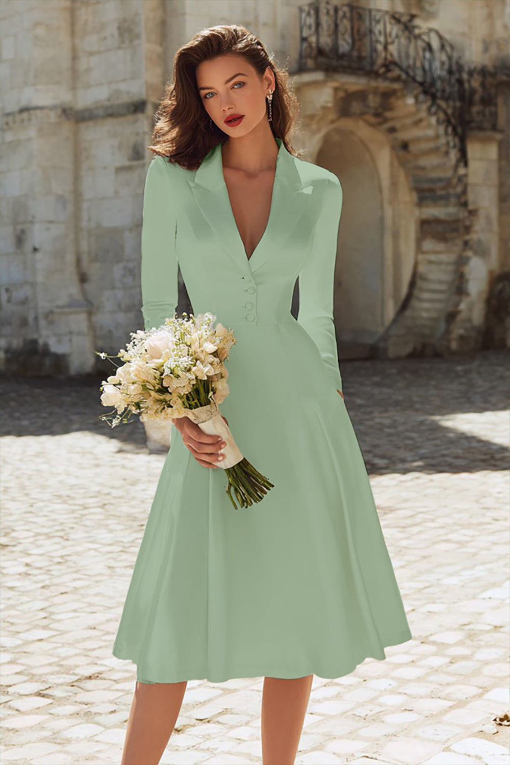 Ivory Satin Peaked Lapel A-Line Midi Engagement Dress