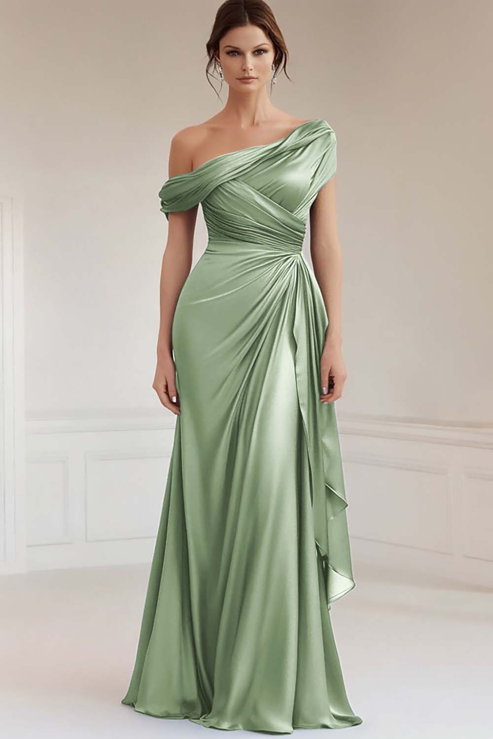 Mermaid Gray Blue One-Shoulder Satin Ruched Mother of the Bride Dress with Ruffles