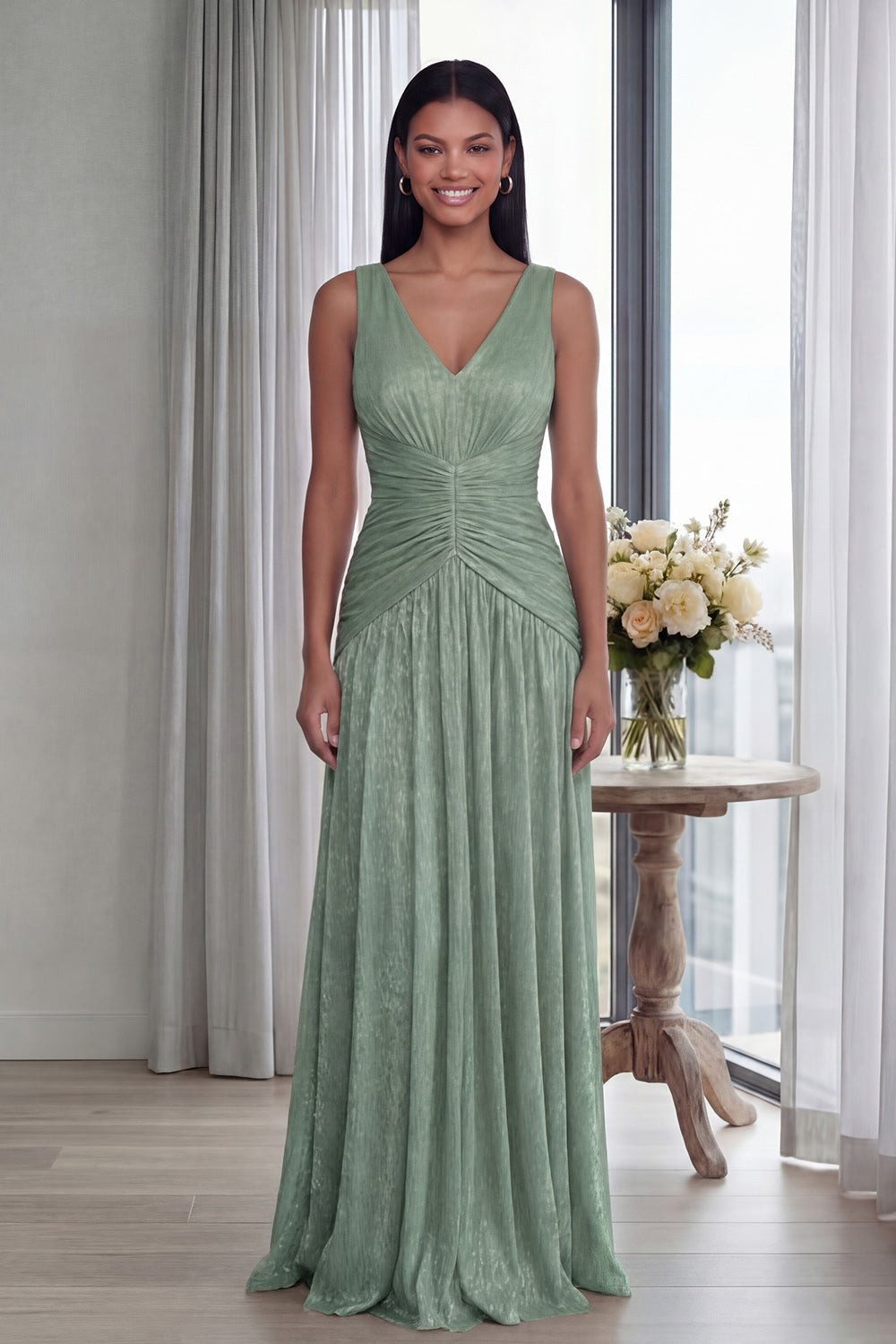 Dusty Rose V-Neck A-Line Pleated Long Formal Dress