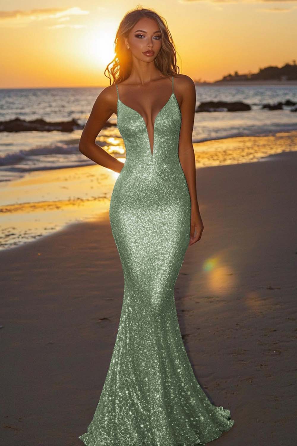 Robe de soirée longue sirène dos nu argentée scintillante