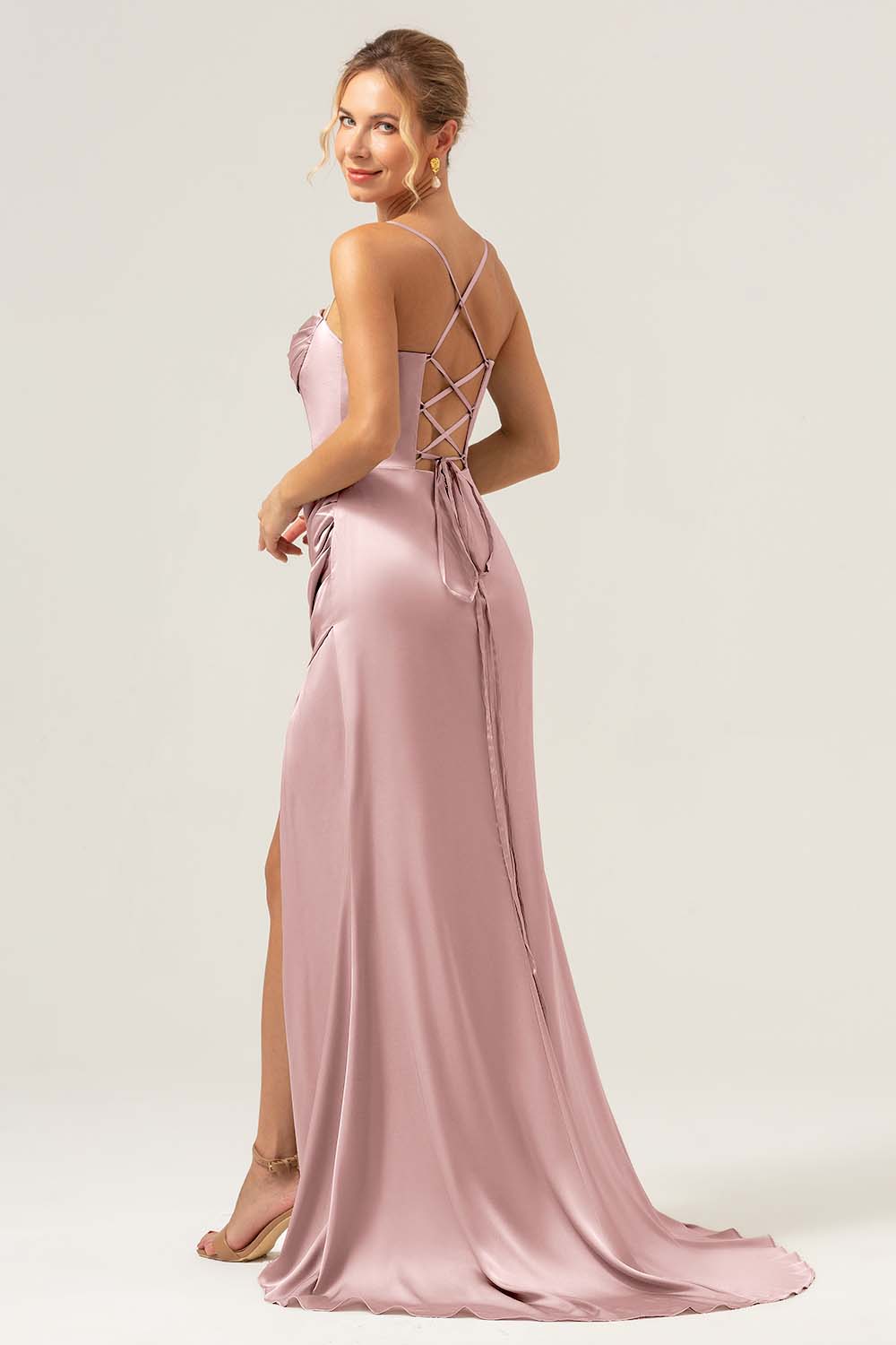 Dusty Blue Mermaid Spaghetti Straps Corset Satin Bridesmaid Dress with Slit
