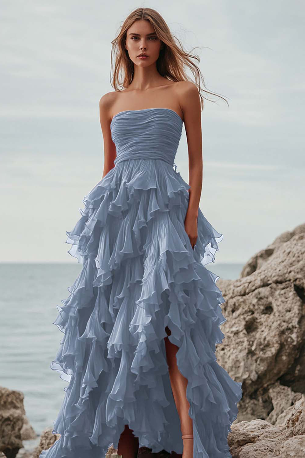 Fuchsia Ruffle A Line Strapless Long Formal Dress with Slit