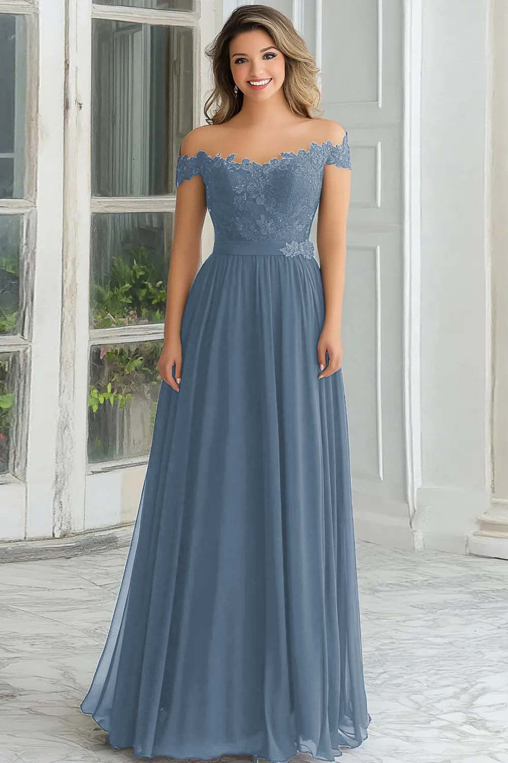 Robe longue de mère de la mariée élégante bleu marine coupe évasée en mousseline et dentelle avec épaules dénudées