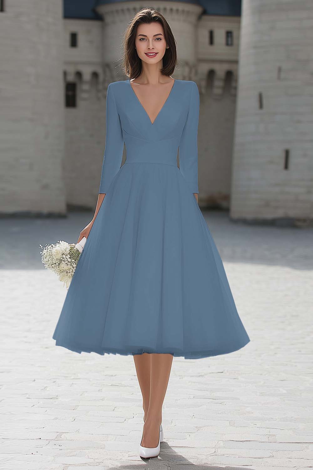 A-Line Ivory V-Neck Midi Engagement Dress