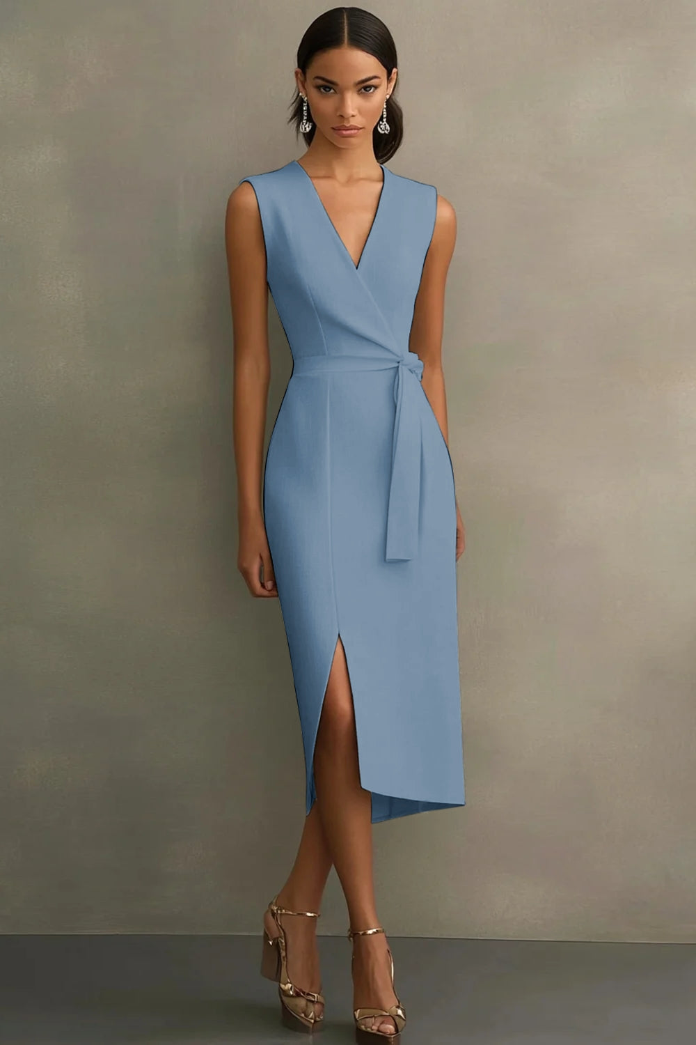 White Midi Sheath Satin V-Neck Formal Dress with Slit