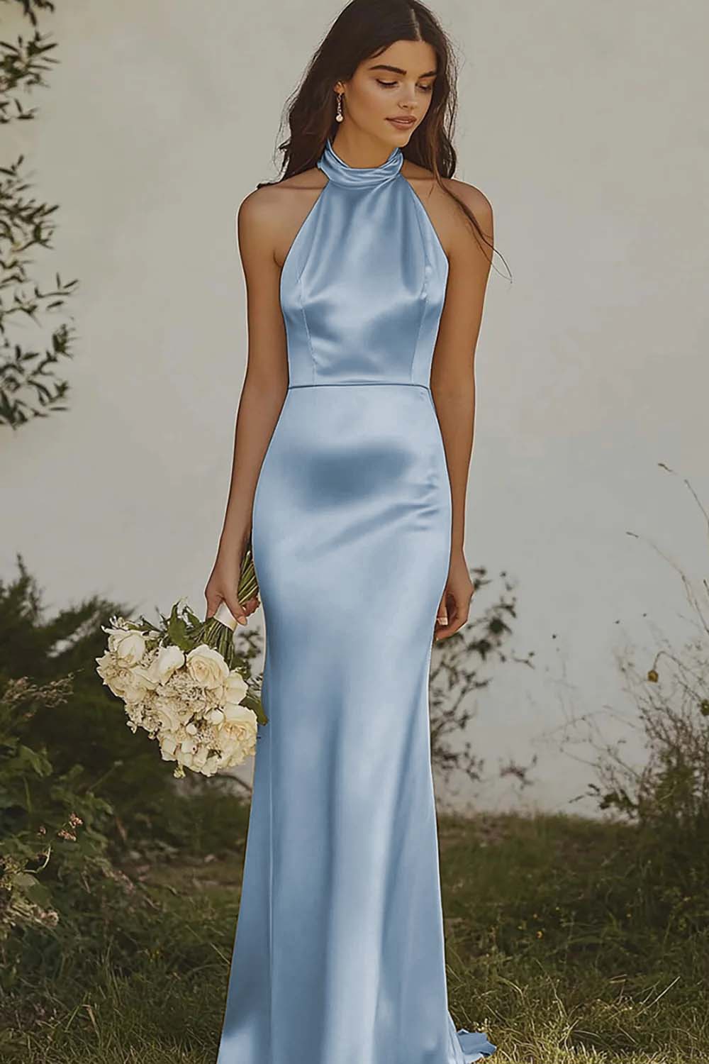 Light Yellow Halter Mermaid Satin Bridesmaid Dress