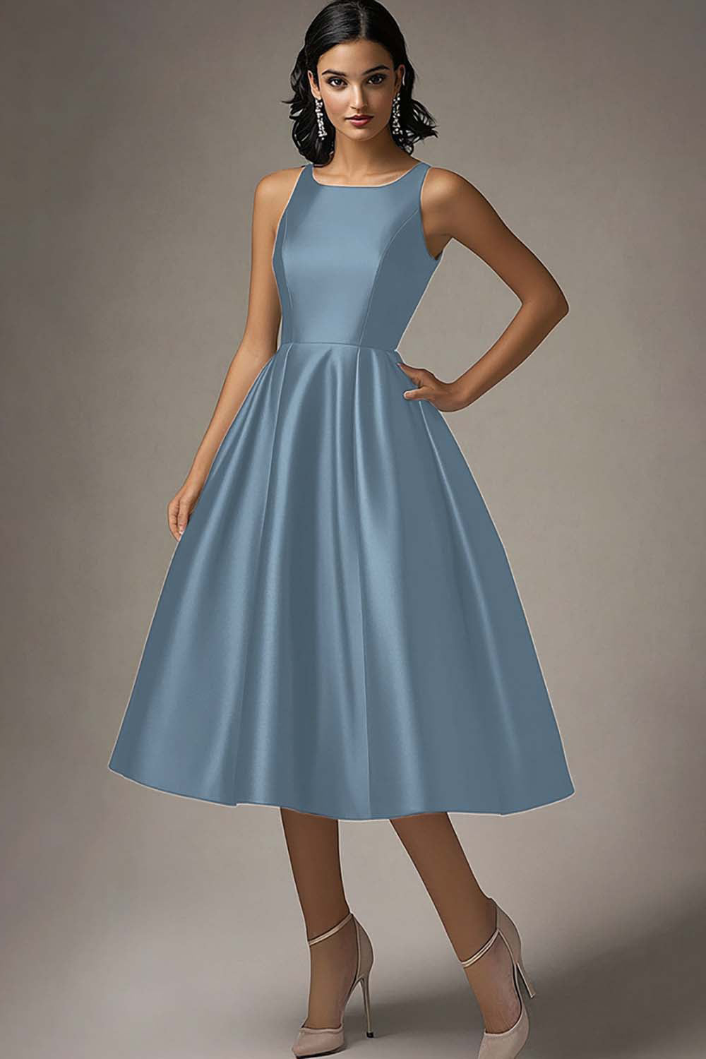 Black A Line Satin Ruched Midi Formal Dress