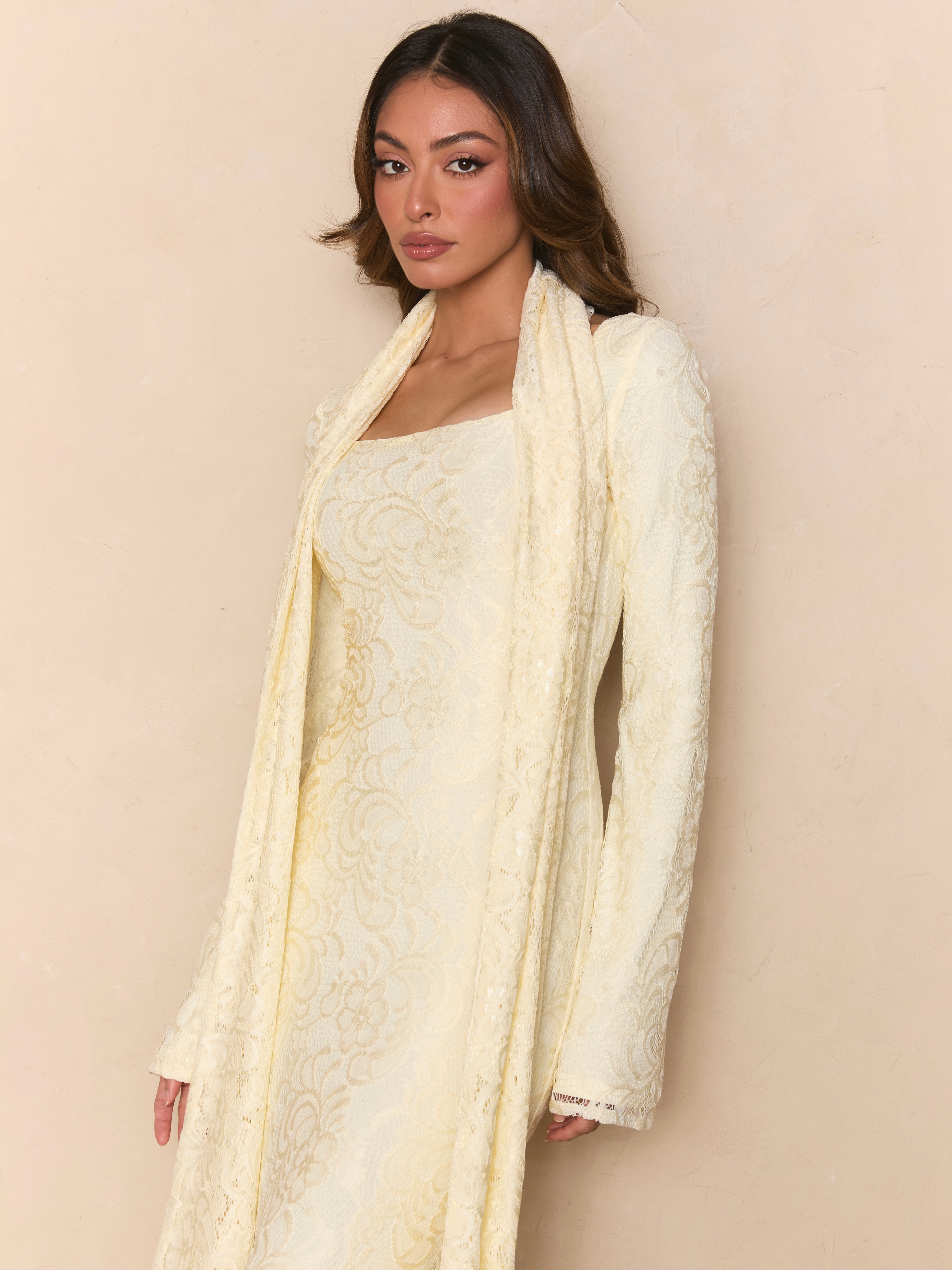 Verano Muse™ Vestido Maxi de Encaje con Manga Acampanada y Pañuelo Removible | Silueta Sirena