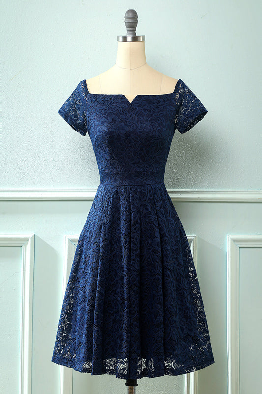 Navy Off-the-Shoulder Lace Dress